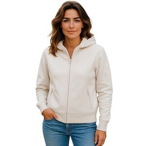 LL Bean Sweater Medium Hoodie Faux Fur Lined Cream White Full Zip Women's Cozy